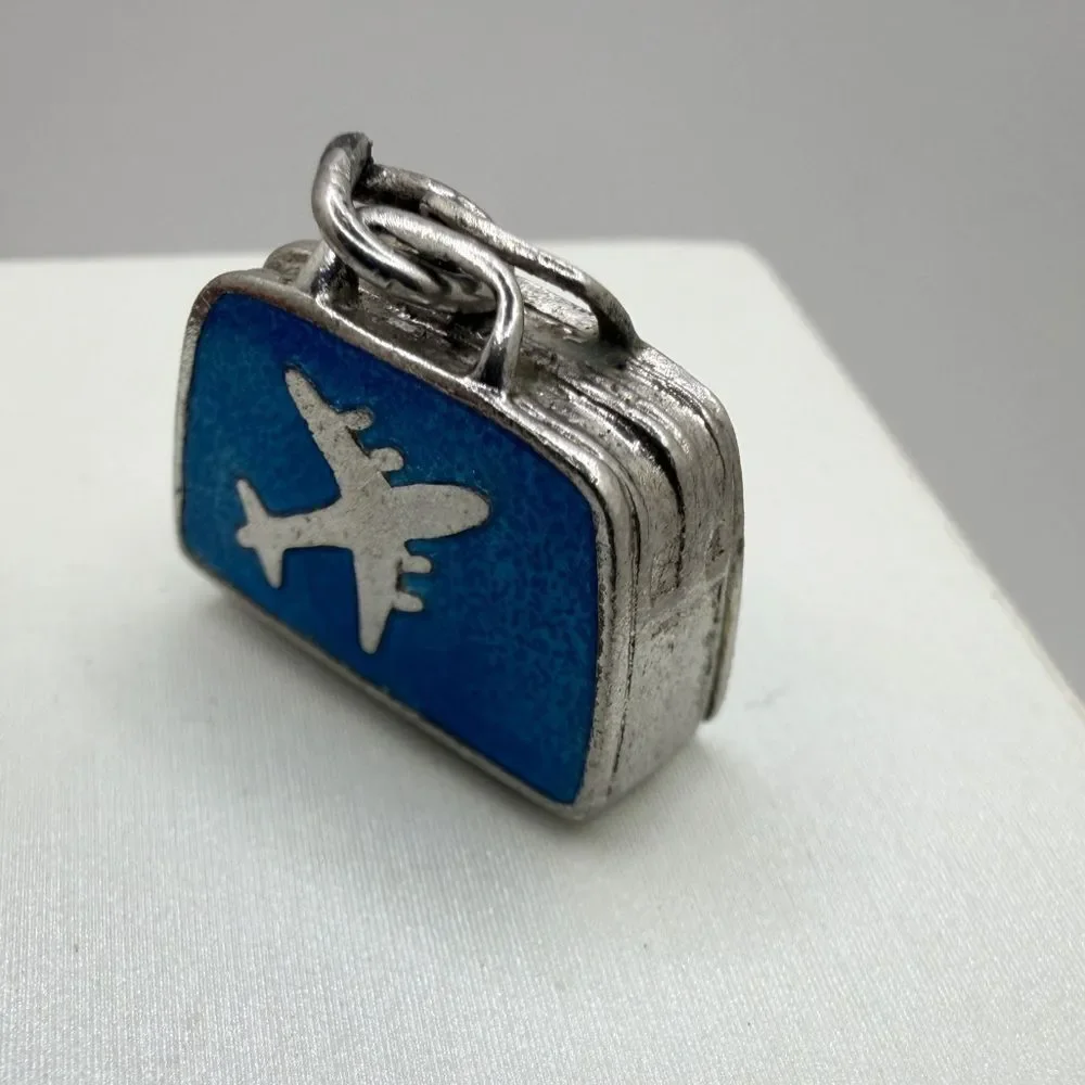 Vintage Sterling Silver and Blue Enamel, airplane‎ suitcase charm/pendant